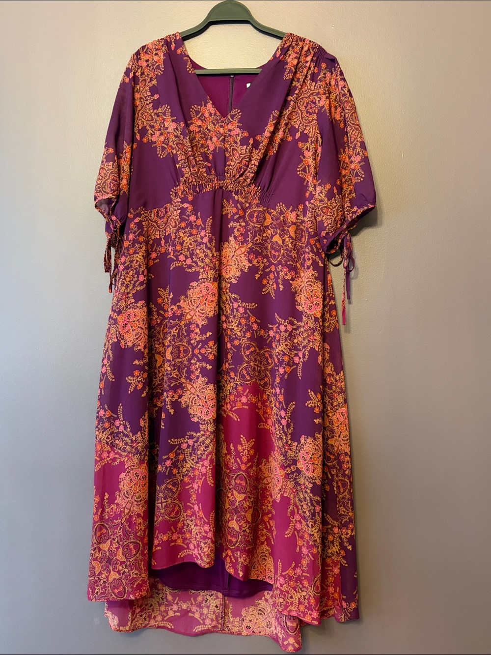 Purple Copper Fall Floral Chiffon Midi Dress with Pink-Orange Print size 14W